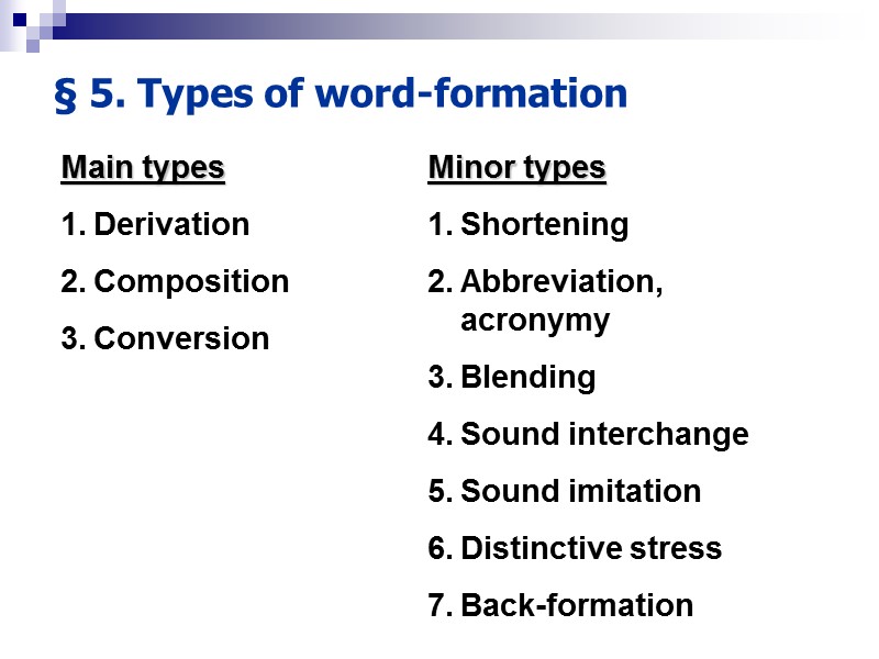 § 5. Types of word-formation  Main types Derivation  Composition  Conversion 